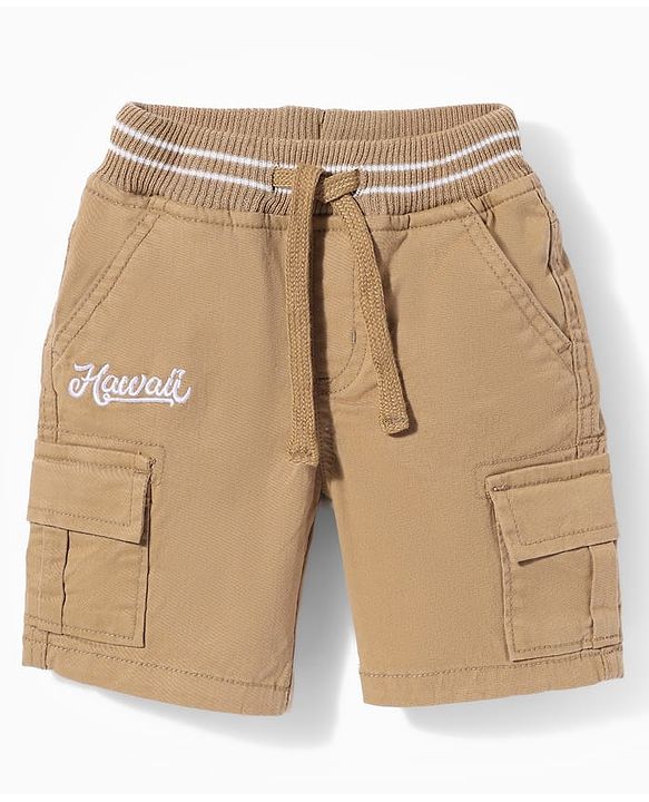 Babyhug Twill Woven Above Knee Length Text Printed Bermuda With Side Pockets & Stretch - Khaki