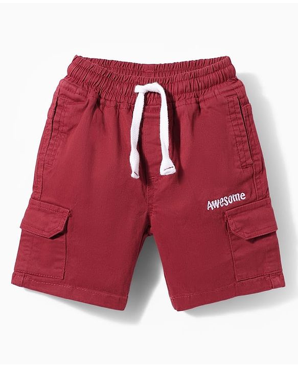 Babyhug Twill Woven Above Knee Length Text Printed Bermuda With Side Pockets & Stretch - Red