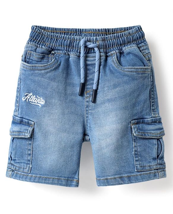 Babyhug Denim Above Knee Length Bermuda With Stretch & Embroidery Text - Blue