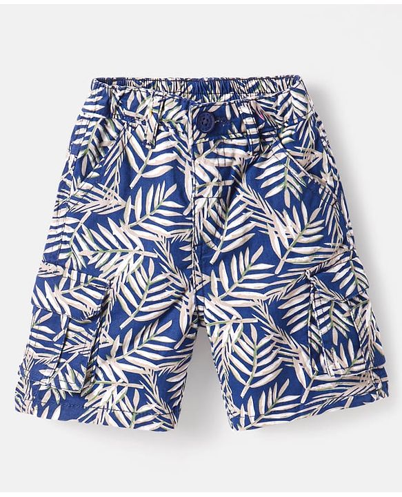 Babyhug Twill Woven Above Knee Length Bermuda With Leaf Print - Navy Blue