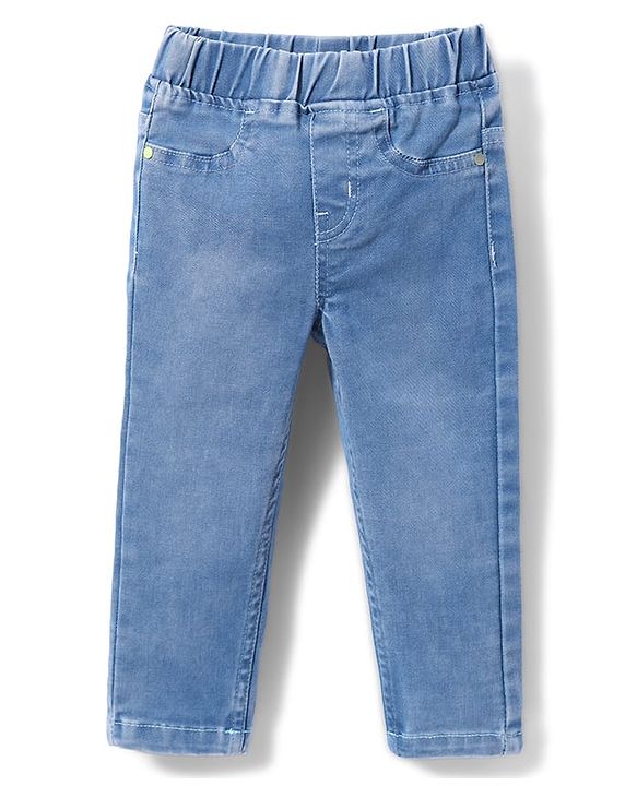 Babyhug Denim Full Length Jeggings With Stretch & Embroidery - Blue