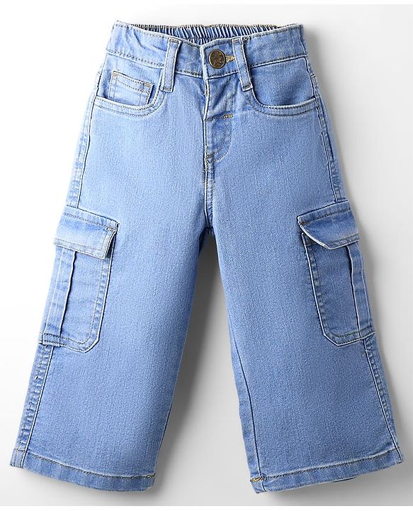 Babyhug Full Length Wide Leg Denim Washed Jeans With Stretch & Cargo Pockets - Blue