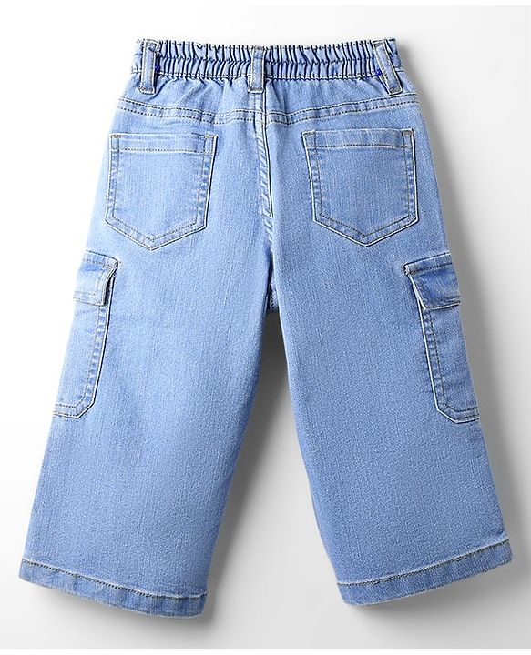 Babyhug Full Length Wide Leg Denim Washed Jeans With Stretch & Cargo Pockets - Blue