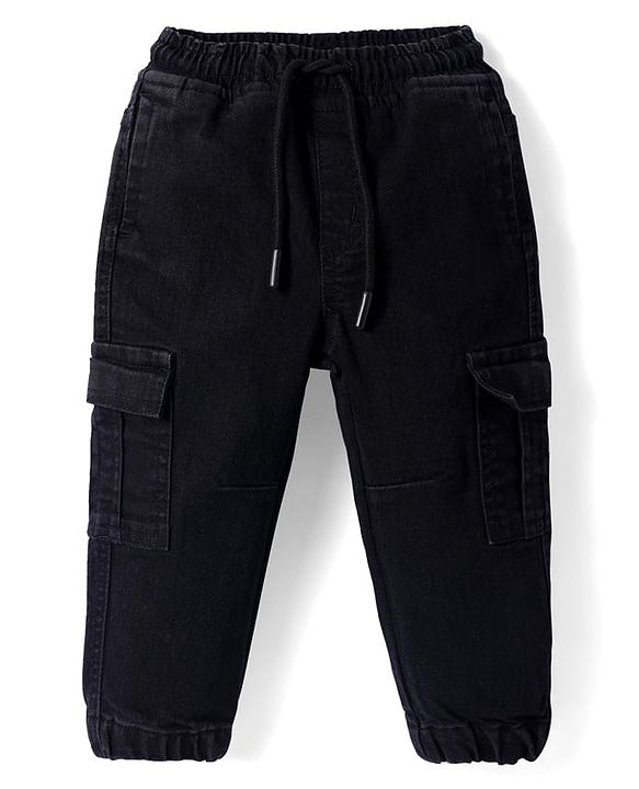Babyhug Full Length Washed Denim Jogger With Stretch & Cargo Pockets - Black