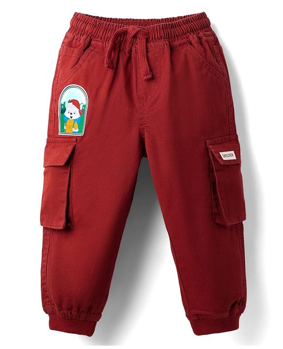 Babyhug Twill Woven Full Length Trouser With Stretch Animal Print Patch - Maroon