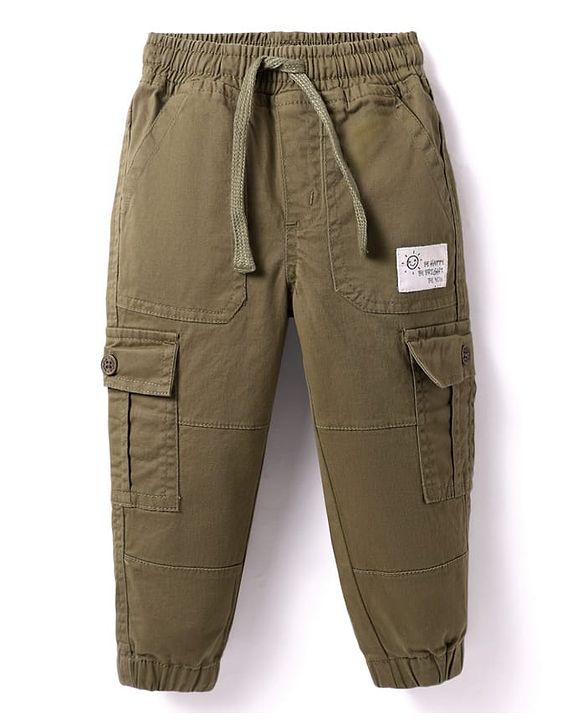 Babyhug Twill Woven Full Length Solid Color Trousers With Stretch and Pockets - Olive Green