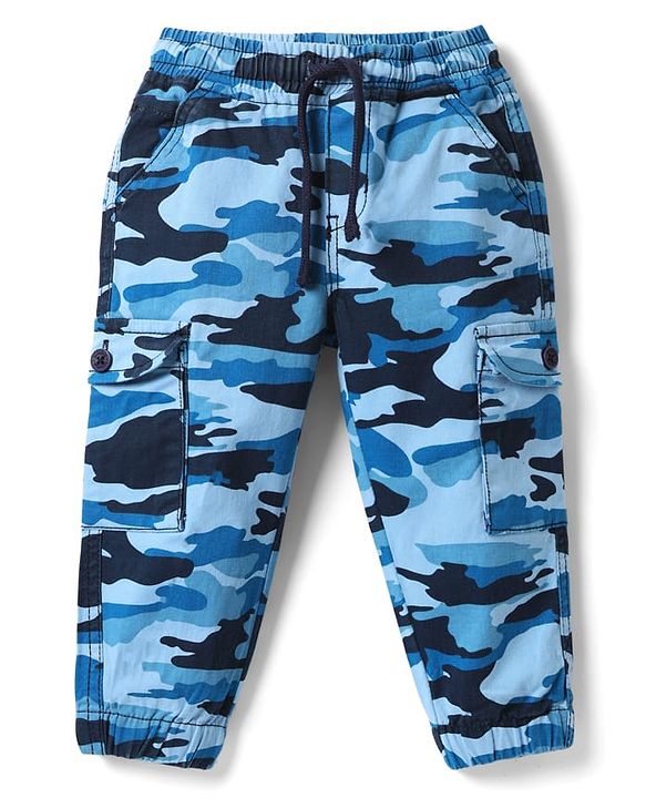 Babyhug Twill Woven Full Length Camouflage Printed Trousers With Stretch & Side Pockets - Blue