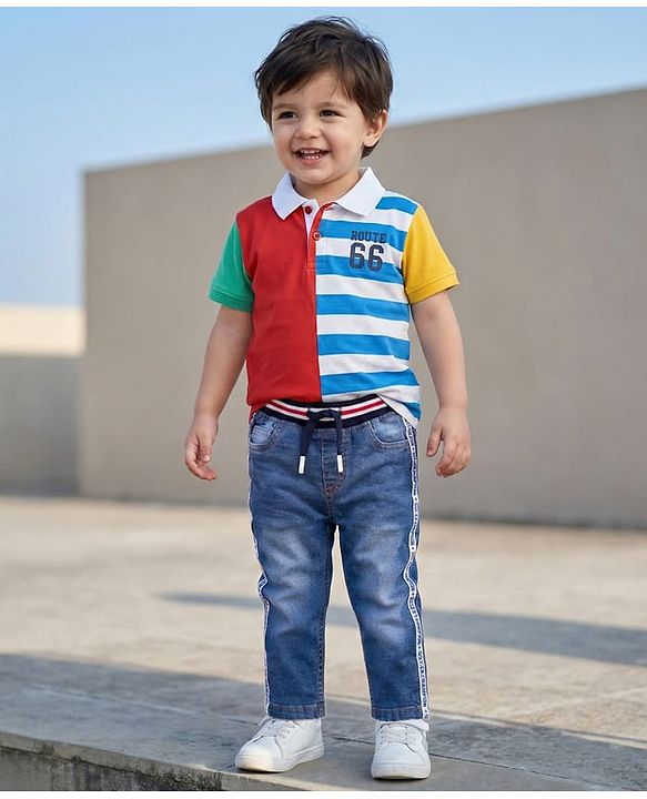 Babyhug Cotton Denim Full Length Washed Jeans with Stretch - Blue