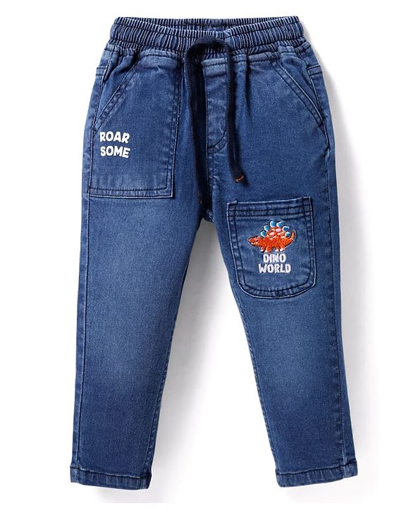 Babyhug Cotton Denim Full Length Jeans With Dino Embroidery - Blue