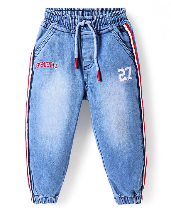 Babyhug Full Length Washed Denim Joggers With Stretch & Text Embroidery - Light Blue