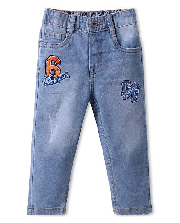 Babyhug Full Length Washed Denim Jeans with Text Embroidery - Blue