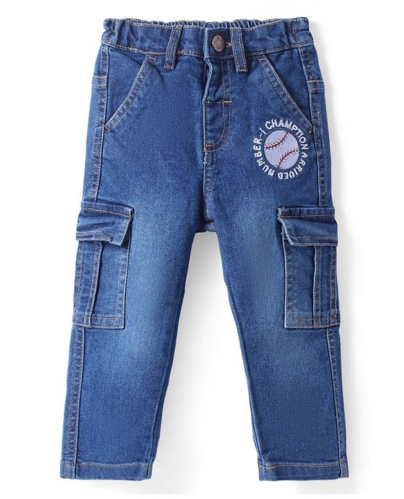 Babyhug Cotton Denim Full Length Washed Jeans with Stretch & Sports Embroidery - Navy Blue