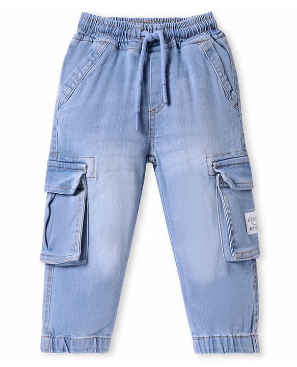 Babyhug Full Length Washed Denim Jogger With Stretch & Cargo Pockets - Light Blue