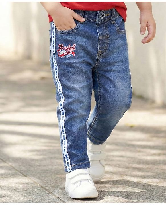 Babyhug Cotton Denim Full Length Jeans With Text Embridoery - Blue