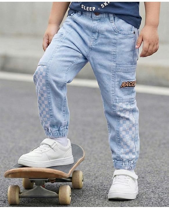 Babyhug Denim Full Length Text & Checks Printed Washed Jeans With Stretch - Light Blue