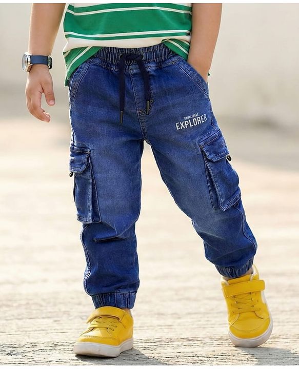 Babyhug Full Length Washed Denim Jeans With Text Print & Stretch - Blue