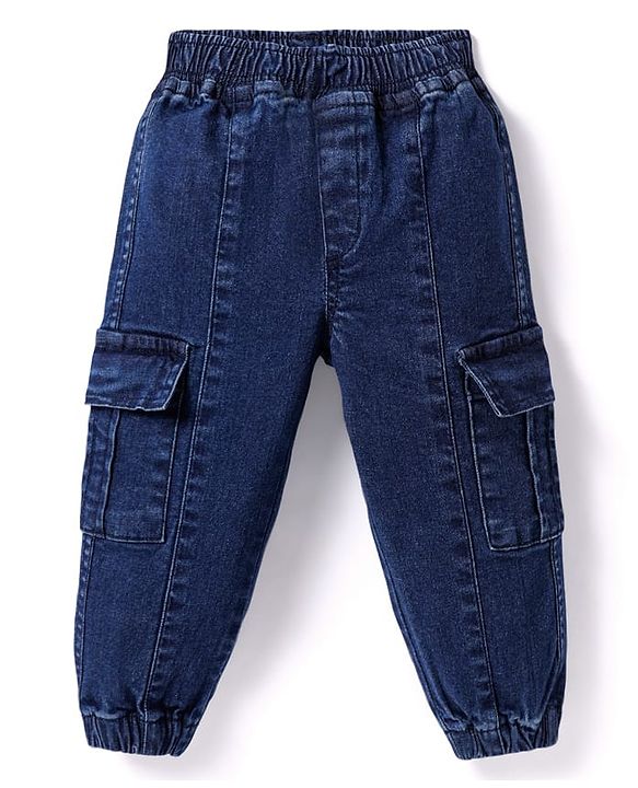 Babyhug Denim Full Length Washed Jogger With Stretch - Blue