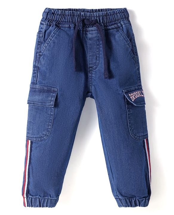 Babyhug Cotton Denim Full Length Washed Joggers With Stretch - Blue