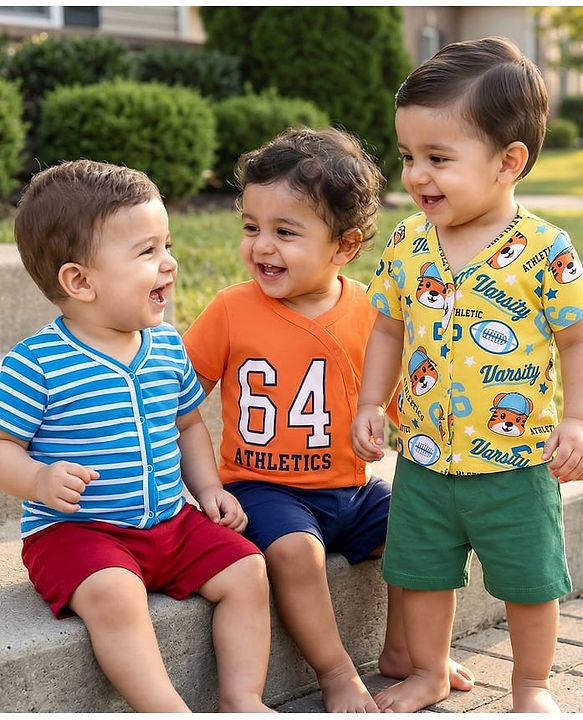 Babyhug 100% Cotton Knit Front Open Vests with Stripes & Tiger Print Pack of 3 - Orange Yellow & Blue