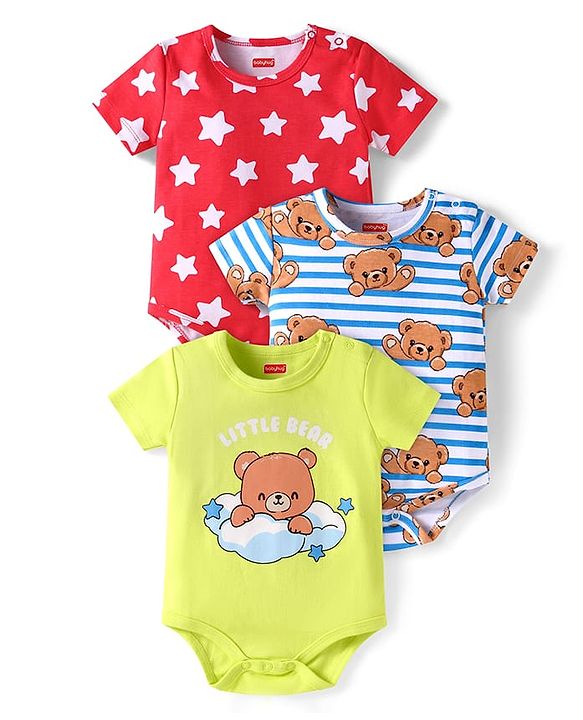 Babyhug 100% Cotton Knit Half Sleeves Onesies with Stripes & Bear Print Pack of 3 - Red Blue & Light Green