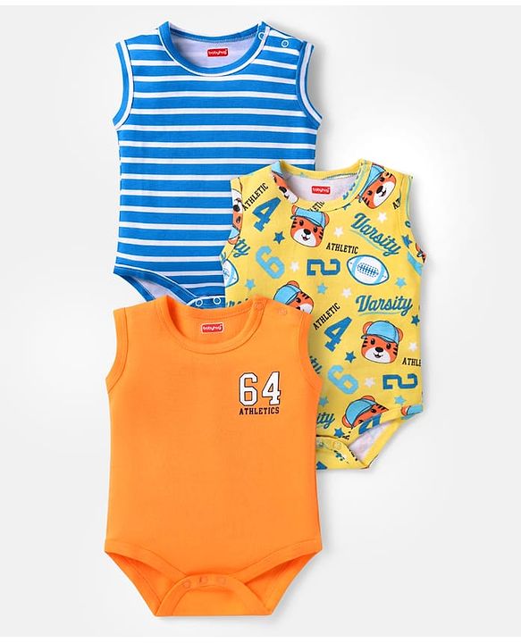 Babyhug 100% Cotton Knit Sleeveless Onesies with Sports Theme Print & Stripes Pack of 3 - Blue Yellow & Orange
