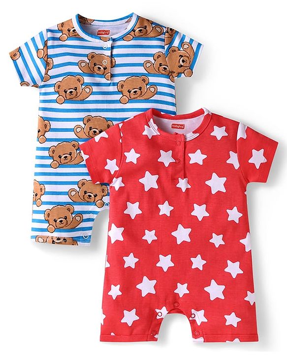 Babyhug 100% Cotton Knit Half Sleeves Striped Rompers with Bear & Stars Print Pack of 2 - Red & Blue