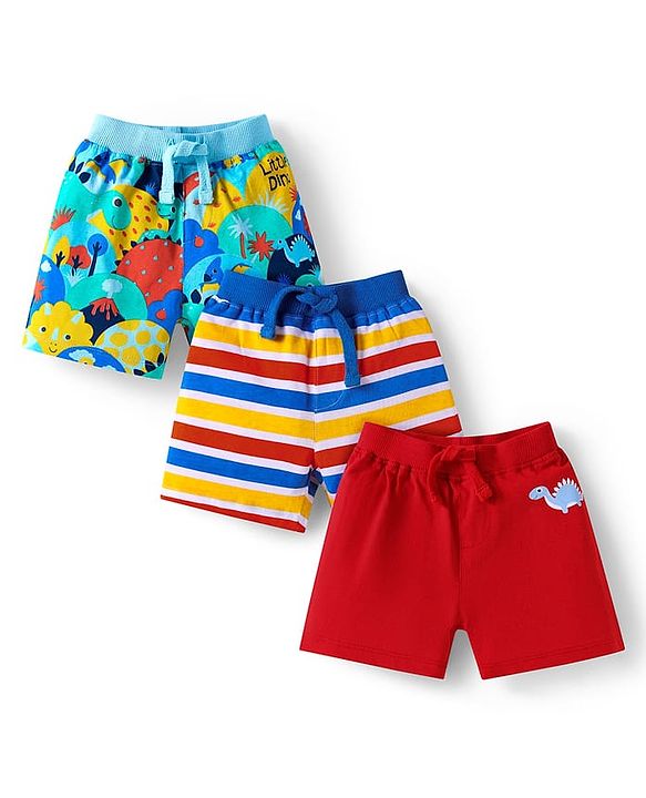 Babyhug Single Jersey Knit Shorts with Stripes & Dino Print of 3 - Blue & Red