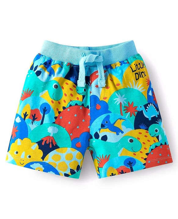 Babyhug Single Jersey Knit Shorts with Stripes & Dino Print of 3 - Blue & Red