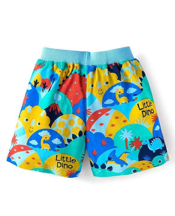 Babyhug Single Jersey Knit Shorts with Stripes & Dino Print of 3 - Blue & Red