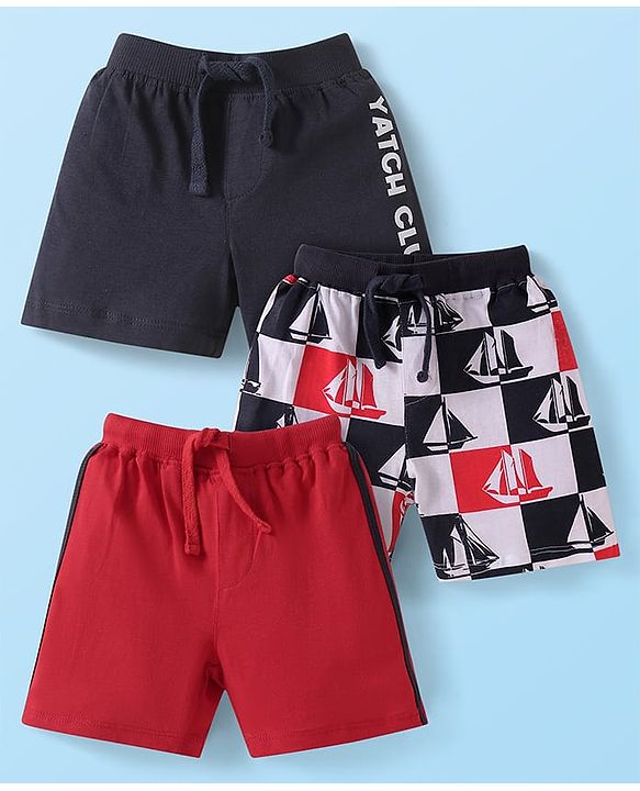 Babyhug Cotton Single Jersey Knit Mid Thigh Length Shorts with Nautical Theme Print & Tape Detailing Pack of 3 - Black & Red