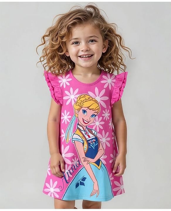 Babyhug Disney Single Jersey Knit Frill Sleeve Nighty With Anna Graphic - Pink