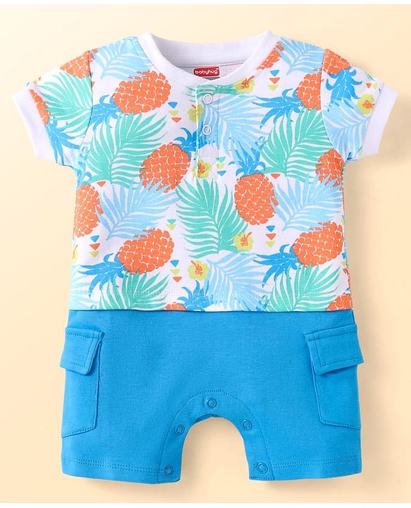Babyhug 100% Cotton Knit Half Sleeves Romper With Fruit Print - White & Blue