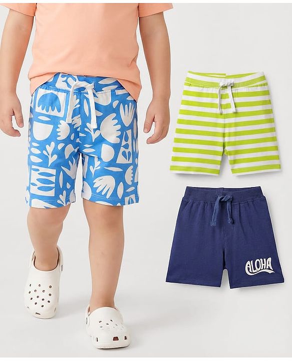 Babyhug Cotton Knit Mid Thigh Shorts with Tropical Theme Print & Stripes Pack of 3 - Light Green Navy & Light Blue