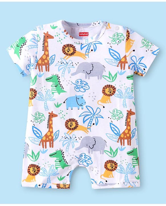 Babyhug 100% Cotton Half Sleeves Romper With Animal Print -White