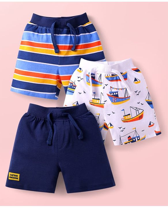 Babyhug Single Jersey Knit Mid Thigh Shorts With Ship Print Pack of 3 - Navy Blue White & Multicolor