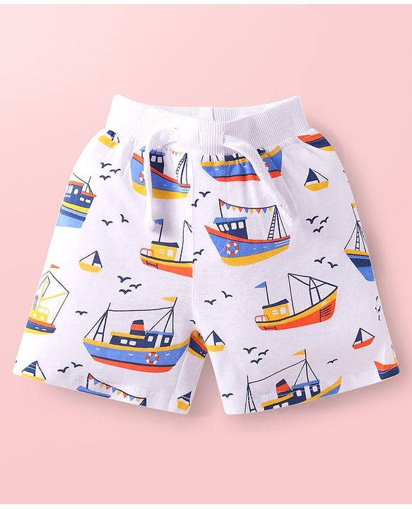 Babyhug Single Jersey Knit Mid Thigh Shorts With Ship Print Pack of 3 - Navy Blue White & Multicolor