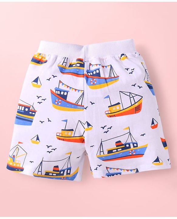 Babyhug Single Jersey Knit Mid Thigh Shorts With Ship Print Pack of 3 - Navy Blue White & Multicolor
