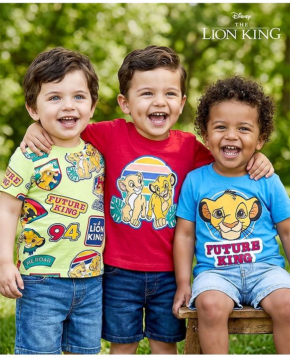 Babyhug Disney Single Jersey Knit Half Sleeves T-Shirts With Simba Graphics Pack of 3 - Blue Red & Light Green