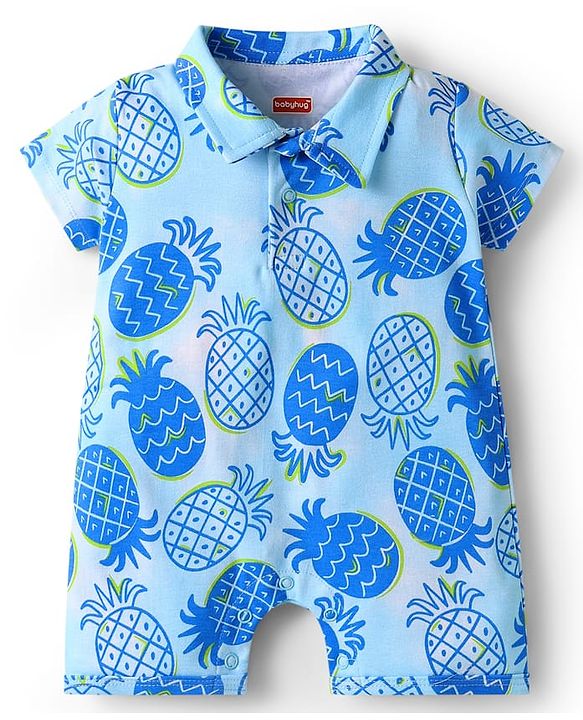 Babyhug 100% Cotton Knit Half Sleeves Romper With Pineapple Print - Blue