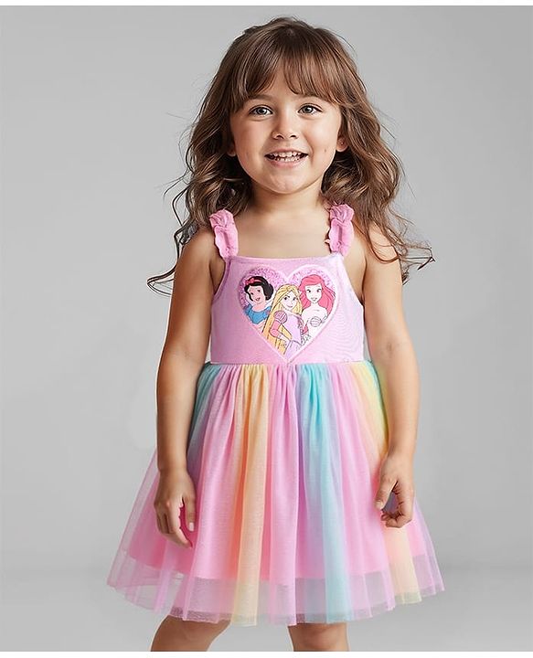 Babyhug Disney Sleeveless Party Dress With Disney Princess Applique Graphics And Ombre Effect - Pink & Light Blue