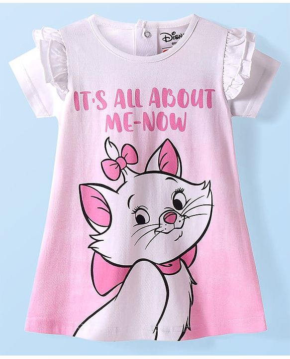 Babyhug Disney Cotton Knit Frill Sleeves Nighty With Marie Graphic - Pink