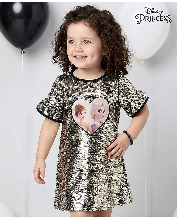 Babyhug Disney Cotton Woven Half Bell Sleeves Party Dress with Elsa & Anna Applique & Sequin Detailing - Black