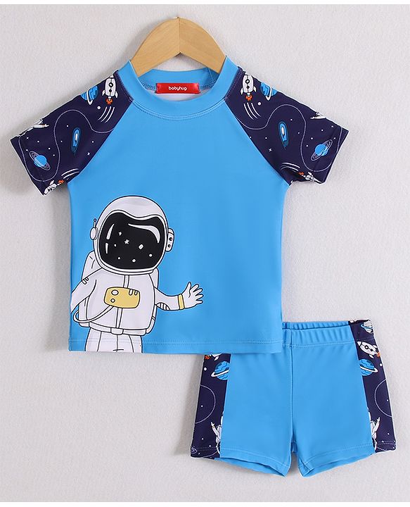 Babyhug Half Raglan Sleeves Two Piece Swimsuit With Space Theme Print - Blue