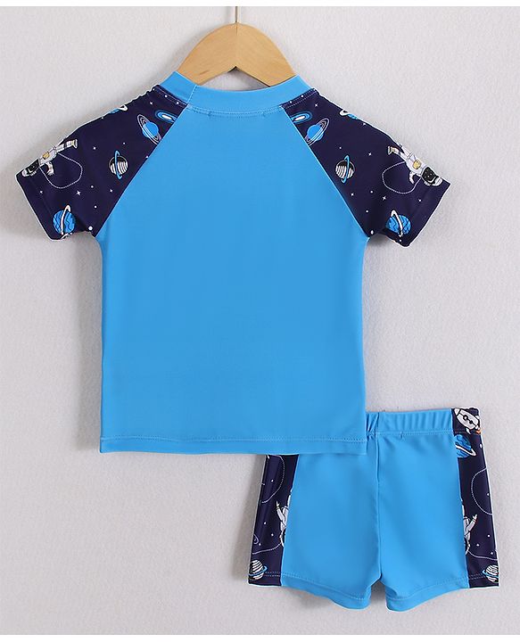 Babyhug Half Raglan Sleeves Two Piece Swimsuit With Space Theme Print - Blue