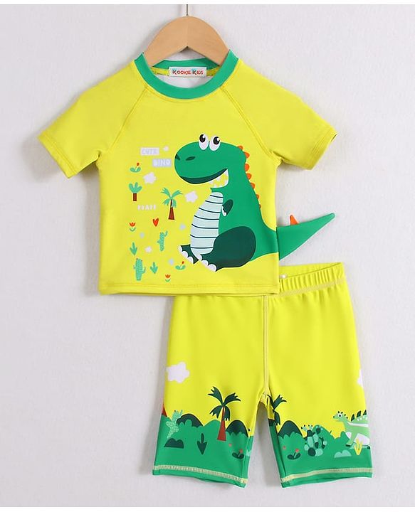 Babyhug Half Raglan Sleeves Two Piece Swimsuit With Dino Print & Applique - Yellow