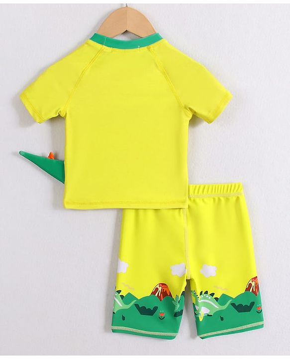 Babyhug Half Raglan Sleeves Two Piece Swimsuit With Dino Print & Applique - Yellow