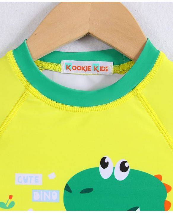 Babyhug Half Raglan Sleeves Two Piece Swimsuit With Dino Print & Applique - Yellow