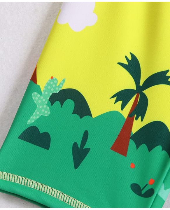 Babyhug Half Raglan Sleeves Two Piece Swimsuit With Dino Print & Applique - Yellow