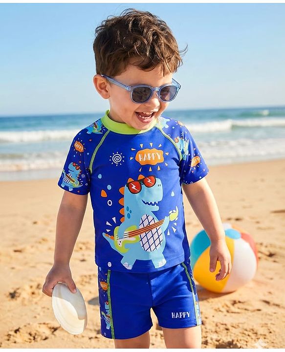 Babyhug Half Raglan Sleeves Two Piece Swimsuit With Dino Print - Blue