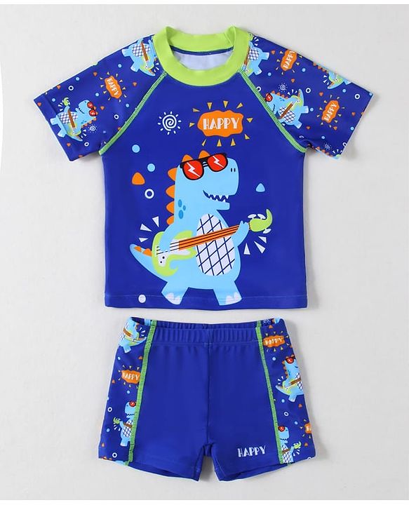 Babyhug Half Raglan Sleeves Two Piece Swimsuit With Dino Print - Blue